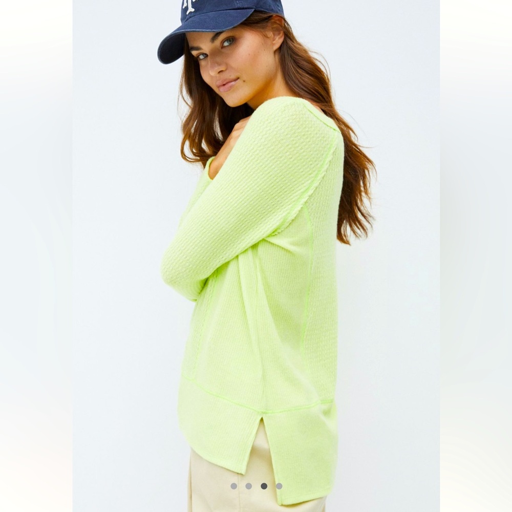 Anthropologie Eri + Ali Waffle Thermal Tunic Shirt Top in Lime Green